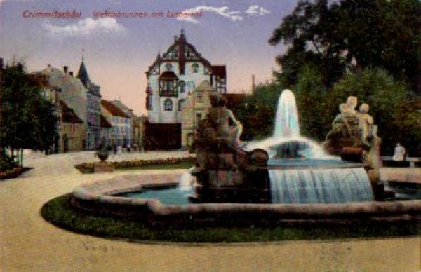 08451 Crimmitschau Wettinbrunnen mit Lutherhof gebr. ca. 1910