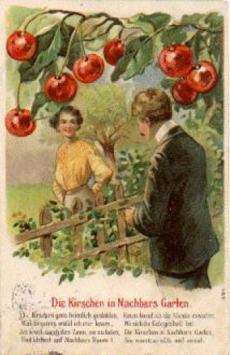 Cherries in the neighbor's garden embossed card o 1906