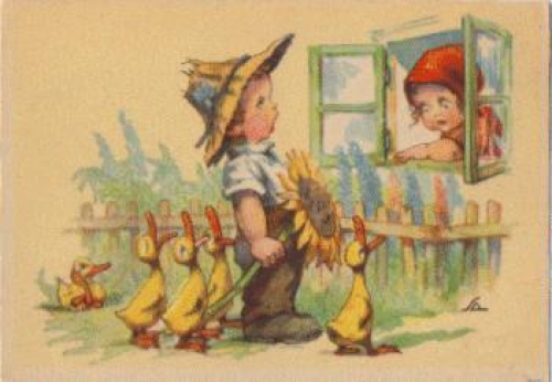 Boy and girl sunflower ducks artist card SA *ca.1940