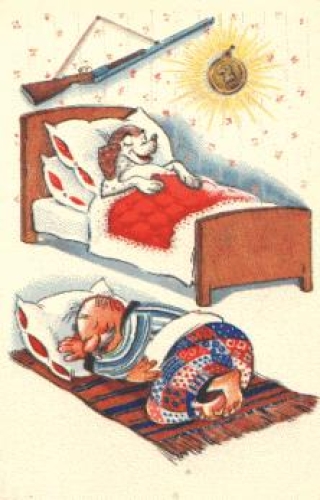 Hunting dog in bed artist card * 1968