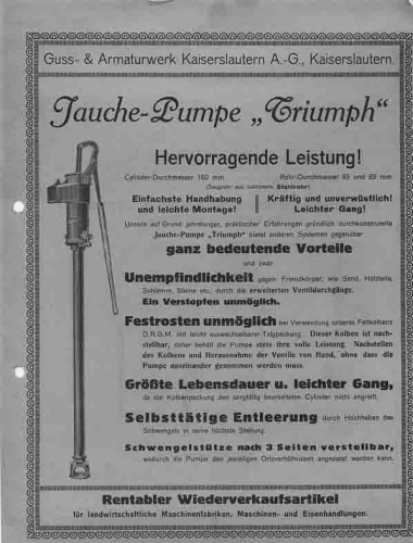 Agriculture advertising leaflet A4, manure pump Triumph, Guss- & Armaturenwer Kaiserslautern