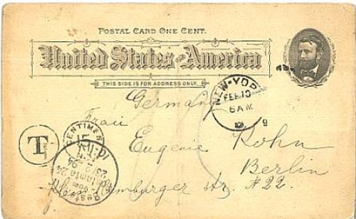 New York postal stationery with tax stamp o February 10, 1894 to Berlin