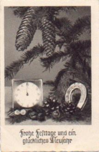 Clocks Horseshoe New Year Card o 12/24/1950