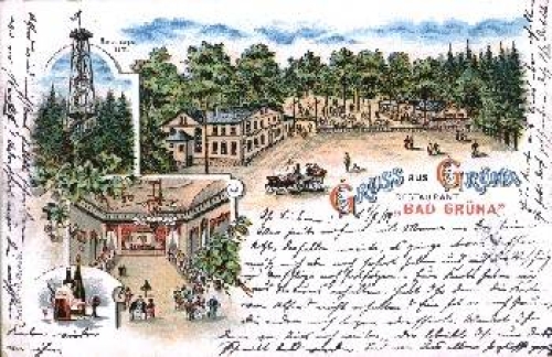 09224 Gruna Chemnitz Restaurant Bad Gruena Litho o 1899 Bahnpost Dresden - Reichenbach train no. 1908