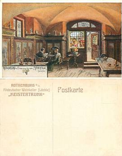 91541 Rothenburg Tauber wine cellar master drink artist card Gollmann *ca.1910