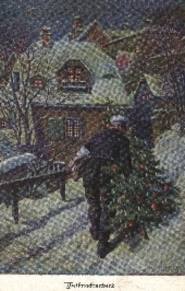 Mann mit Weihnachtsbaum Künstlerkarte  o 29.05.1916