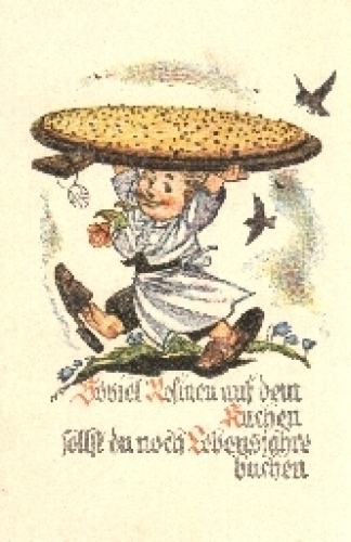 Baker child with cake board artist card from around 1940