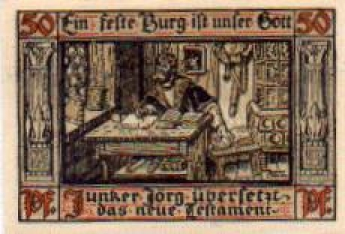Eisenach, Städtenotgeld, Wert 50 Pfennige, Junker Jörg übersetzt Testament, 1921