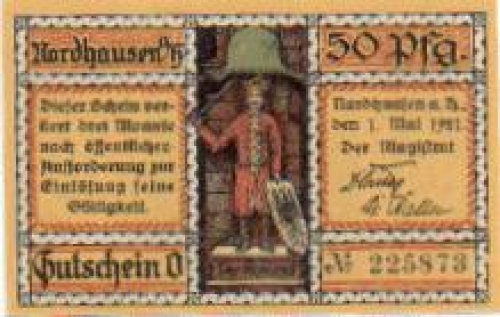 99734 Nordhausen city emergency money 50 pfennigs "Der Roland" 1921