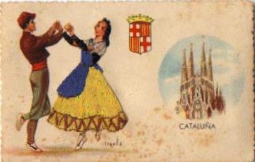 Cataluna Spain traditional costumes embroidered card * ca. 1920
