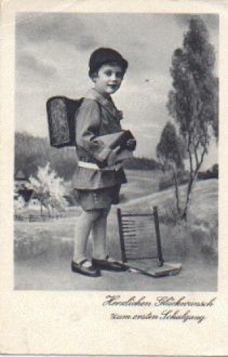 School enrollment girl with slide rule greeting card * ca. 1920