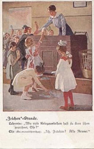 School drawing lesson, Patriotika war loan artist card B. W., * ca. 1920