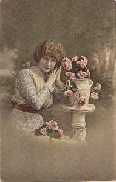 Woman with a vase of flowers Series card 380 used. 1/28/1917