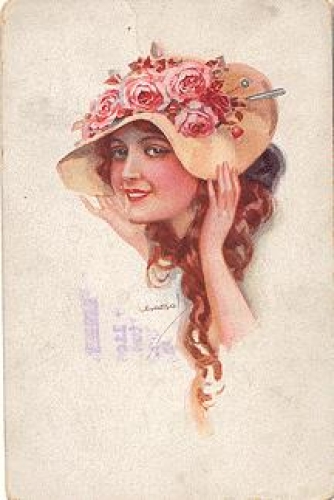 Woman with rose hat artist card Usabal gebr. circa 1920
