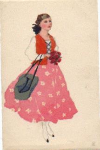 Dame mit Hut und Blumenstrauß Künstlerkarte PC * ca. 1930