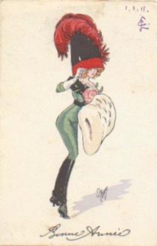 Woman with plumed hat and muff artist card o ca. 1930