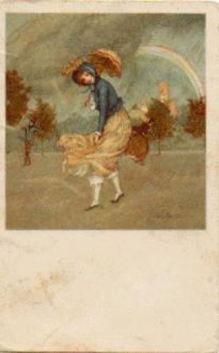 Frau mit Regenschirm Künstlerkarte K. Schule  um 1920