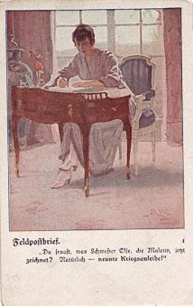 Woman at desk writing field post letter, artist card B. W. Wennerberg * ca. 1915