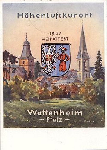 67319 Wattenheim with coat of arms artist card Bohn * approx. 1955
