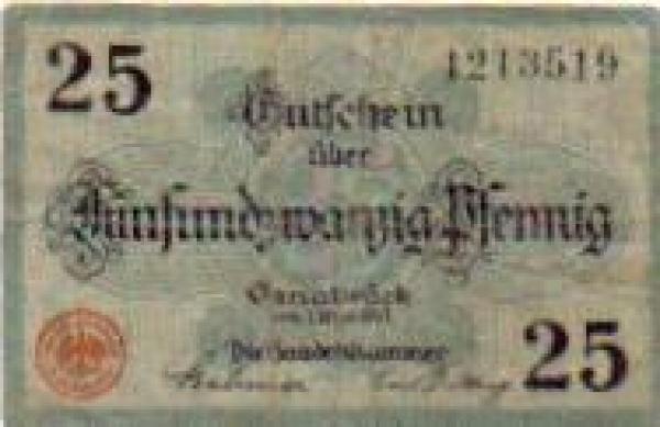 Osnabruck city emergency money worth 25 pfennigs 1917