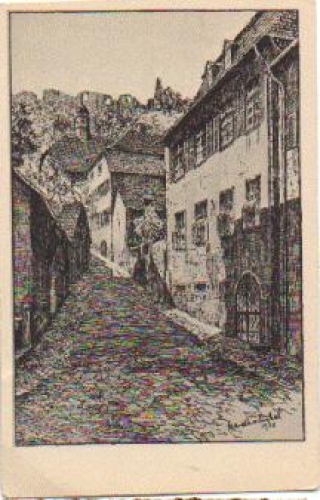 Lindenfels Aufgang zur Burgruine Künstlerkarte Karl Winkel *ca. 1930