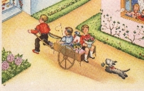 Mädchen und Junge Karre Hund Blumen Künstlerkarte * um 1950