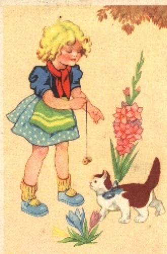 Girl with cat artist card *ca. 1940