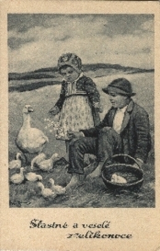 Girl and boy geese artist card * ca. 1930