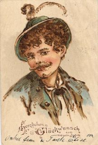 Traditional costumes man with feather hat New Year card 12/30/1900