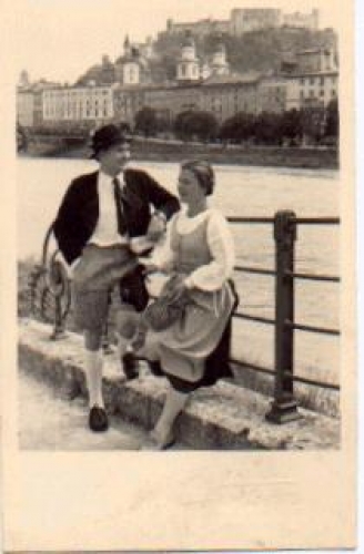 Couple in costume at the river Real photo * ca. 1940