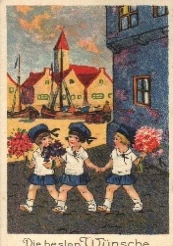 Birthday wishes children, artist card flowers, o circa 1940
