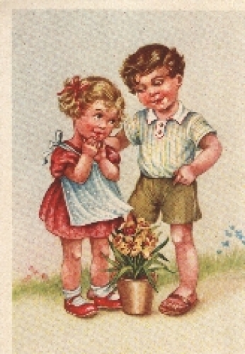 Children with flower pot Amag 3584 artist card * ca. 1940