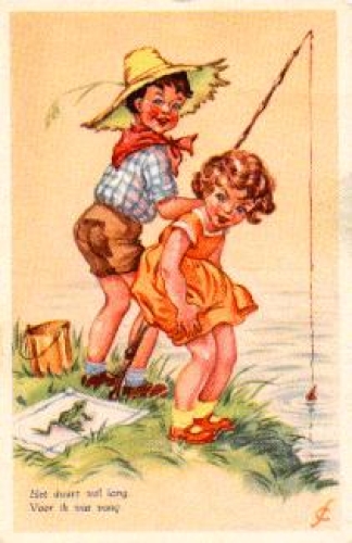 Fishing children, frog, children, frog, artist card, * approx. 1950