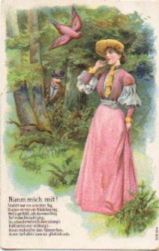 Lady with bird "Take me with you" embossed card * ca. 1905