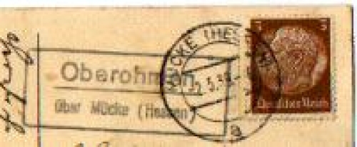 35325 Oberohmen via Mucke country postmark o May 2, 1939 on rose card