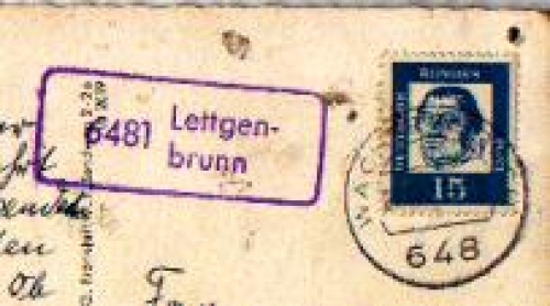 63637 Lettgenbrunn country postmark on postcard Mespelbrunn Palace o approx. 1960