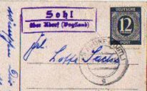 08626 Sohl country postmark o approx. 1947 on birthday card