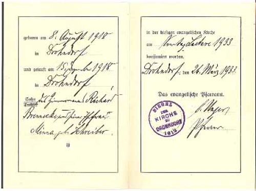 Drohndorf Kirchenausweis des evangelischen Pfarramts 1933
