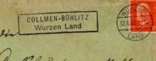 04808 Collmen-Böhlitz, country postmark, post office postmark, o 12.6.1932