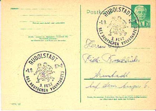 Fest des Deutschen Volkstanzes 1.9.57 Ganzsache mit Sonderstempel Rudolstadt