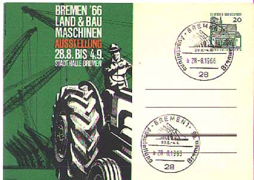 Postal stationery with private additional printing of agricultural machinery exhibition, special postmark 28.8.1966