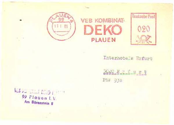Plauen Vogtland sender indicia on card from VEB Kobinat DEKO o January 13, 1981