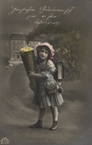 Back to school, girl, school bag, bag, gebr. 1917, serial card No. 6044 5,