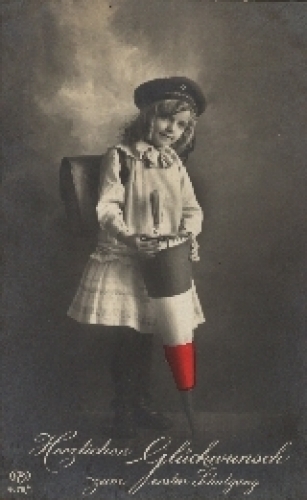 Back to school, girl, school bag, bag, gebr. 1920 serial card No. 4079 1