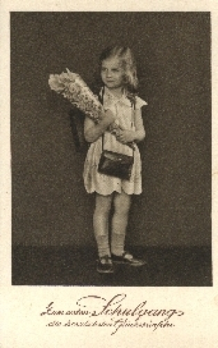 Back to school girl with schoolbag bag used. circa 1920