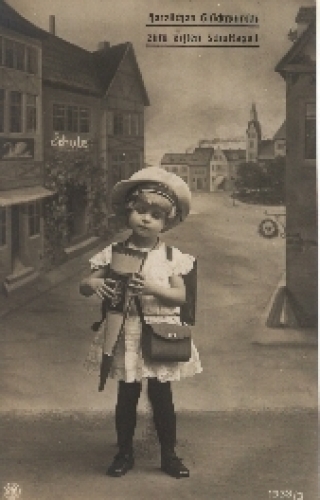 Back to school, girl, school bag, bag, gebr. circa 1920