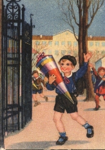 Back to school, boy, school cone, artist card, color, gebr. circa 1920