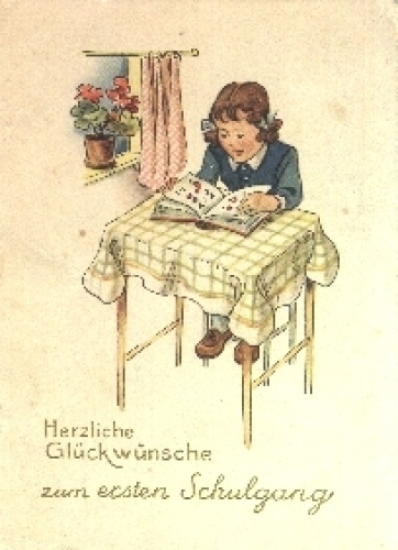 Schulanfang, Mädchen mit Buch, gebr. 1959, Verlag Driesen, Berlin