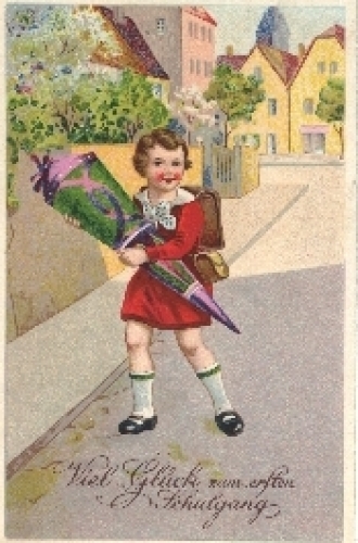 Schulanfang, Mädchen, Schultasche, Tüte, gebr. ca. 1920 Serienkarte Amag Nr. 3167