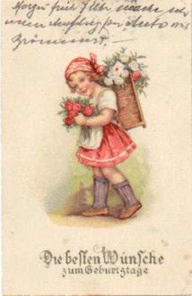 Birthday card for children with a carrying basket in the back of roses o 5.8.1928